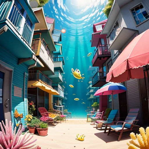a painting of a beach scene with a blue sky and a yellow fish swimming in the water and a row of beach chairs and umbrellas