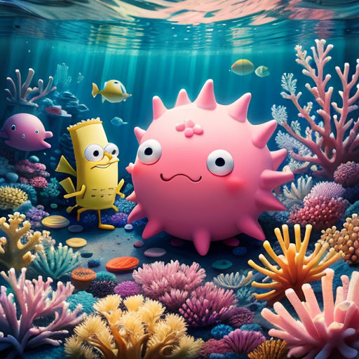 a pink octopus and a yellow fish in a coral reef with corals and other corals and other marine life