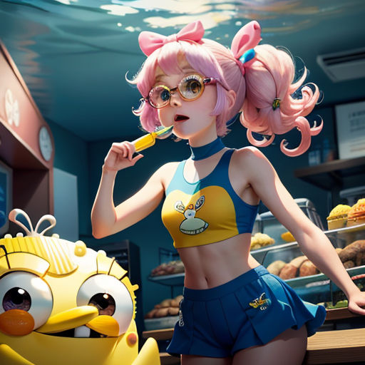 a cartoon character with pink hair and glasses is standing next to a yellow bird and a donut shop