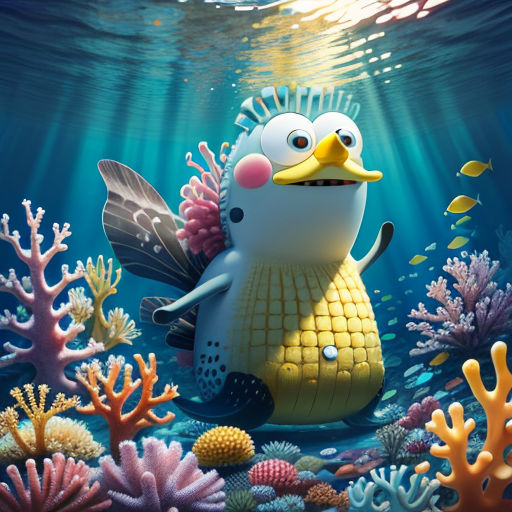 a cartoon character is swimming in the ocean with corals and other corals around him, with a fish