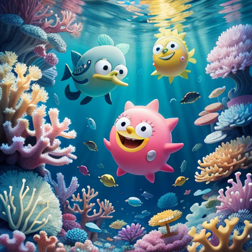 a painting of a fish and other animals swimming in the ocean with corals and other fish around it