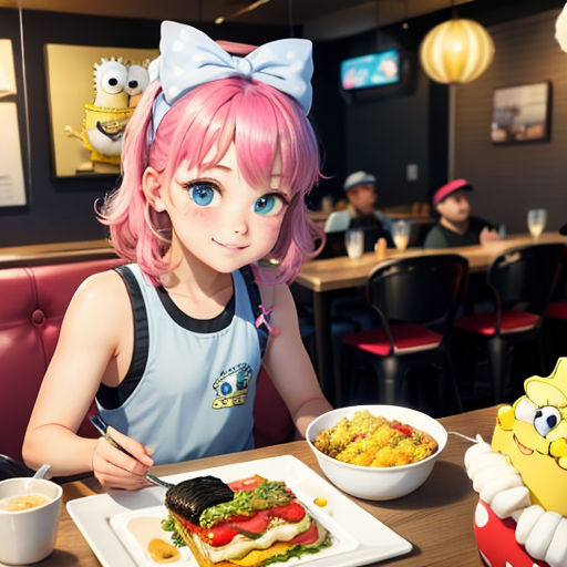 a girl sitting at a table with a plate of food in front of her and a bowl of food in front of her