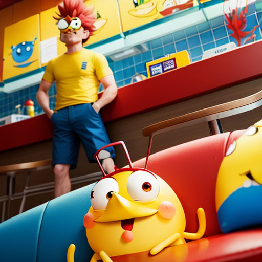 a man standing behind a counter with a cartoon character on it's back end and a yellow shirt on