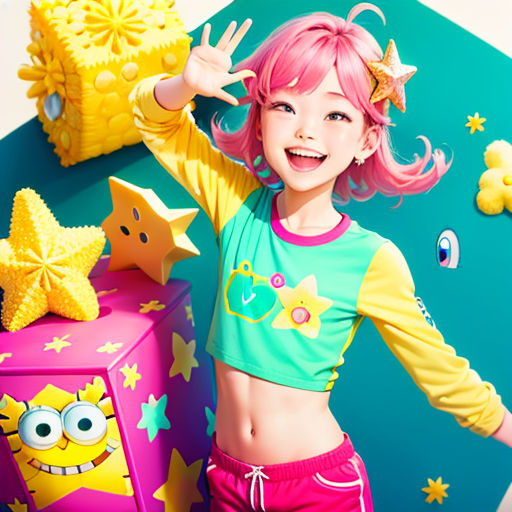 a girl with pink hair and a green shirt and some decorations and a box with a star on it