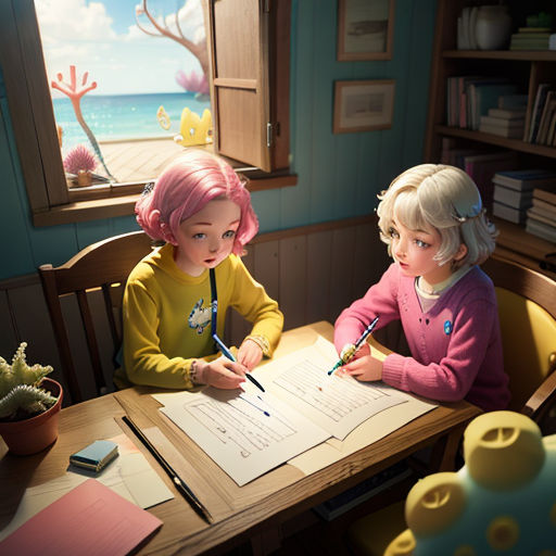 two children sitting at a table with a paper and pen in front of them, with a book open on the table