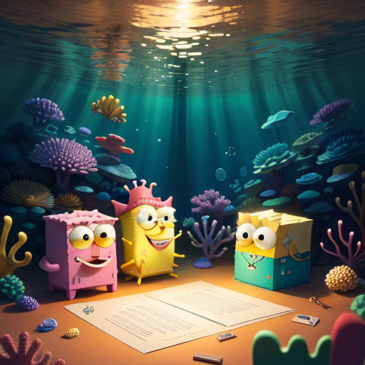 a cartoon scene of spongebob and friends under the sea with a paper and pencils on the table