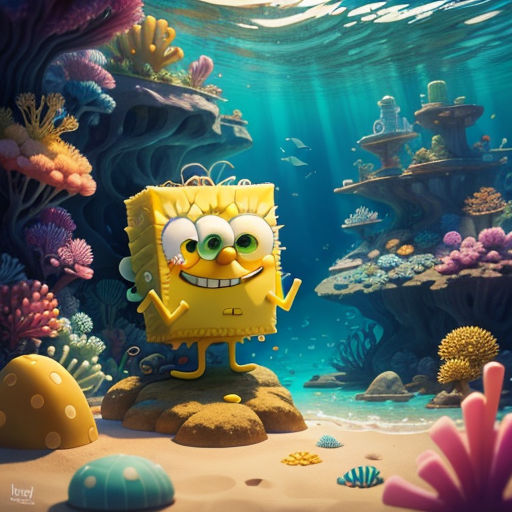 a spongebob character standing on a rock in the ocean with a lot of corals and other sea life