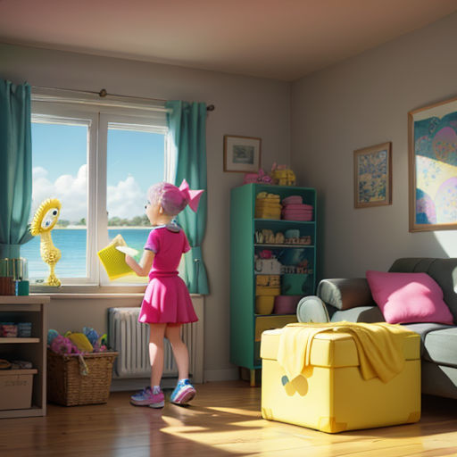 a little girl standing in a room with a yellow suitcase and a yellow toy duck in the corner of the room