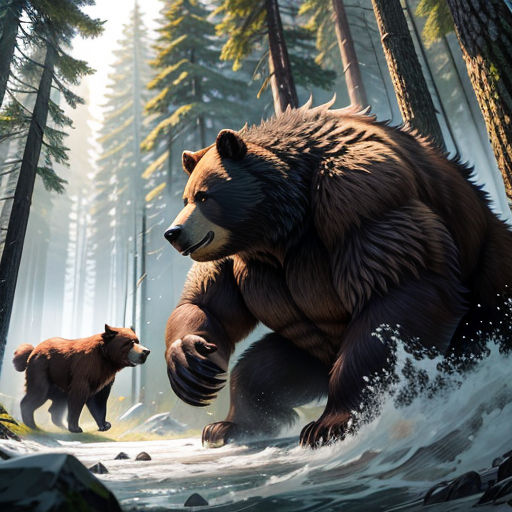 a bear and a cub are walking through a river in the woods together, with trees and rocks in the background