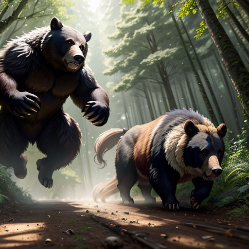 two bears are running in the woods together, one is chasing the other one with his paw in the air