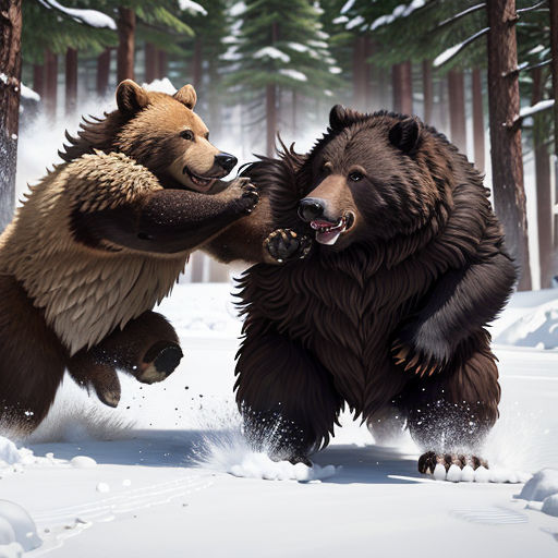 two bears are fighting in the snow in the woods, one is biting the other's teeth with his mouth