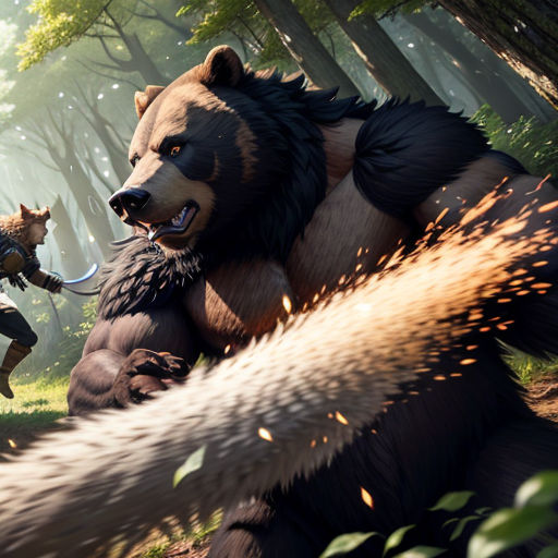 a bear and a bear cub in a forest with a fire hose in its mouth and a man in the background