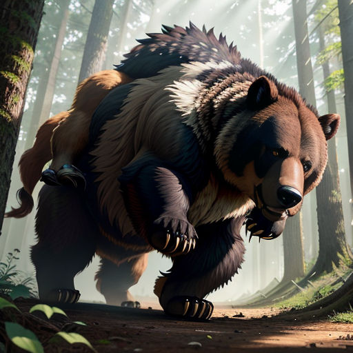 a bear is walking through a forest with trees and bushes in the background, with a light shining on the bear