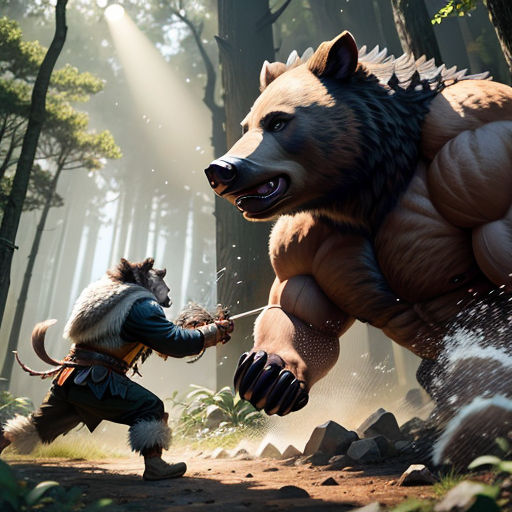 a bear attacking a man in a forest with a sword in his hand, with a light shining through the trees