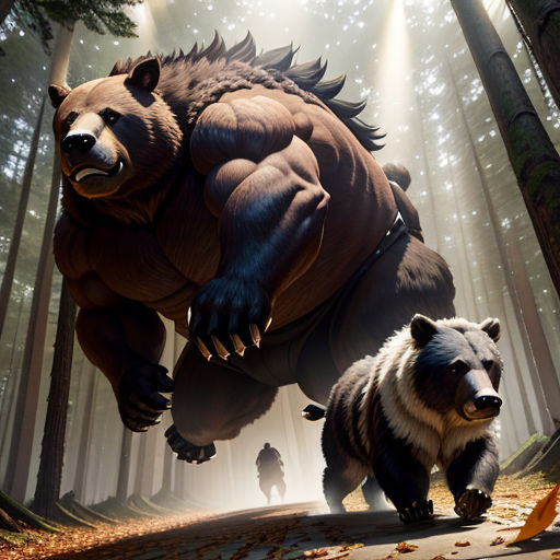 a bear and a bear cub walking through a forest with a giant bear in the background and a man in the foreground