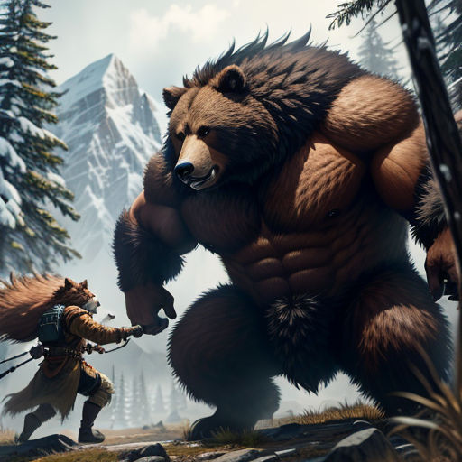 a man holding a bear in a forest with a bear on his back and a bear on his arm