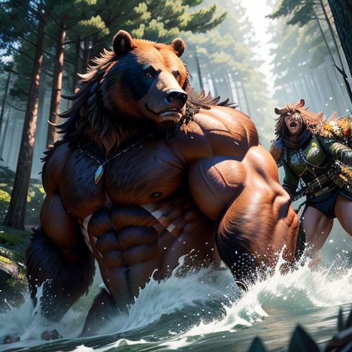 a group of people in a forest with a bear and a bear man in the background, and a bear woman in the foreground