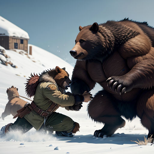 a man kneeling down next to a bear in the snow with a bear on his back and a bear on his leg