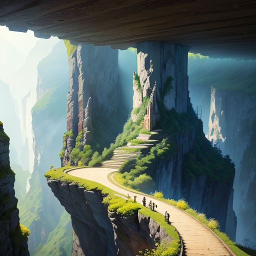a painting of a mountain with a road going through it and a person standing on the edge of the cliff