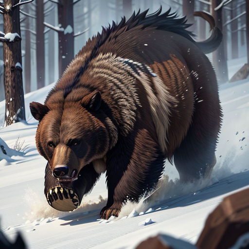 a bear is running through the snow in the woods with a ball in its mouth and teeth out of its mouth