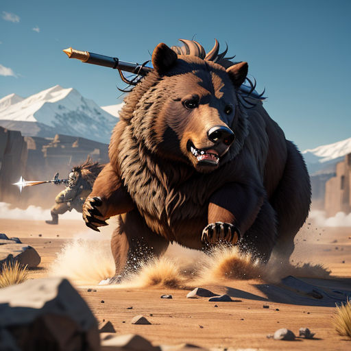 a bear with a gun in its mouth running through a desert area with other bears in the background and a mountain range in the distance
