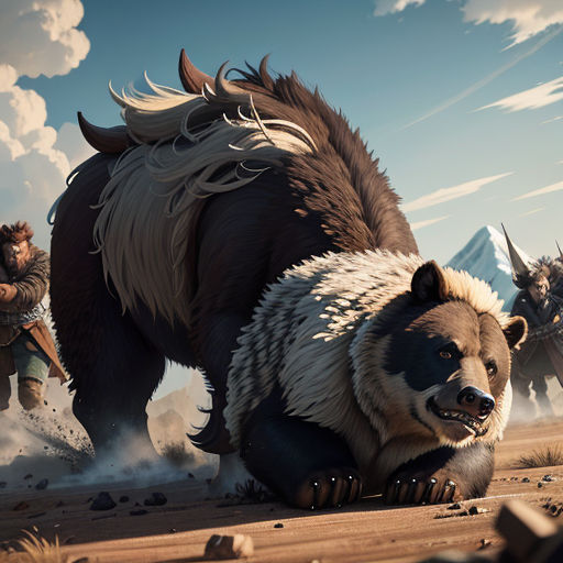 a group of people riding horses and bears in a desert area with mountains in the background and a sky with clouds