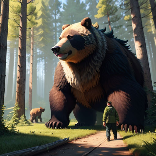 a man standing in front of a giant bear in a forest with other bears in the background and a man standing in front of a bear