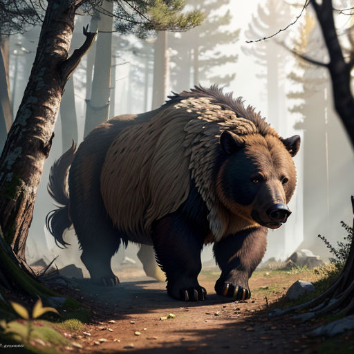 a large brown bear walking through a forest filled with trees and bushes on a foggy day with a light shining on the ground