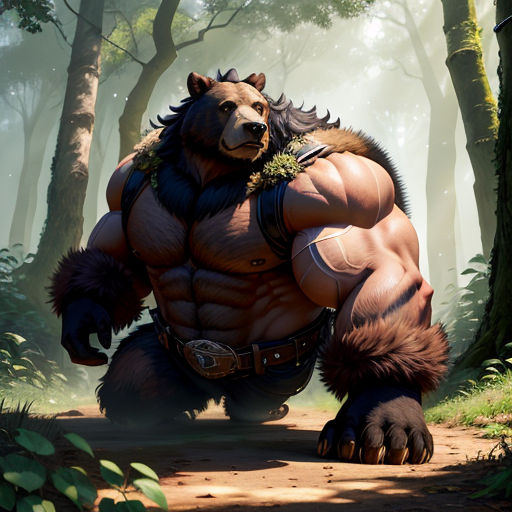 a bear is standing in the middle of a forest with a man on his back and a bear on his chest