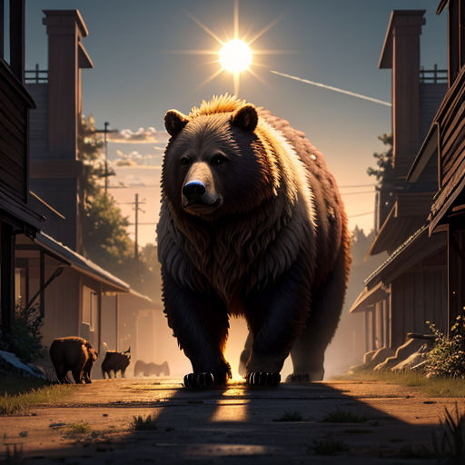 a bear walking down a street next to a building and a forest at night with the sun shining on the buildings