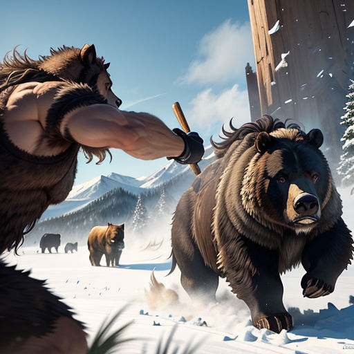 a man with a hammer is attacking a bear in a snowy landscape with other bears and bears in the background