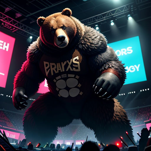 a large bear standing in front of a crowd of people at a concert or show in a stadium with a big screen