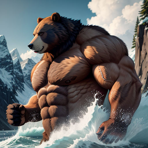 a bear is standing in the water with his paws on his hips and his body is covered in water