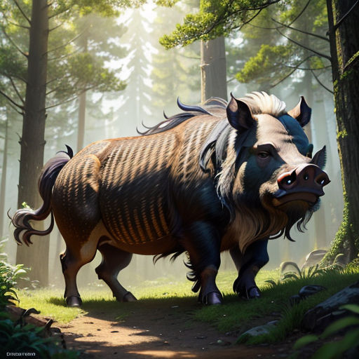 a large animal walking through a forest filled with trees and grass on a sunny day with sunlight streaming through the trees