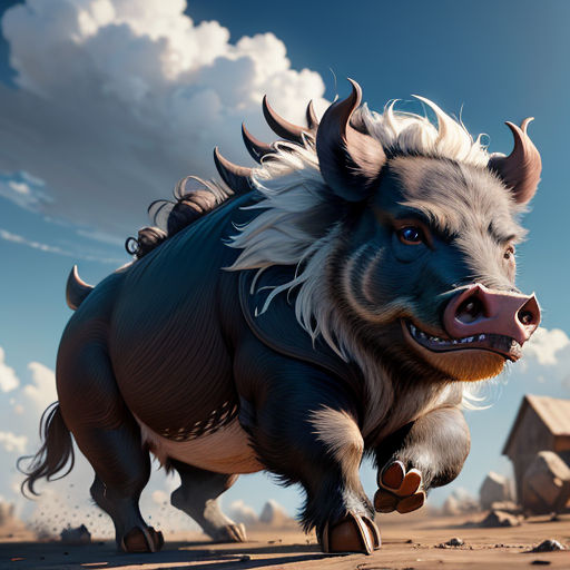 a cartoon picture of a boar running in the desert with a sky background and clouds in the background,