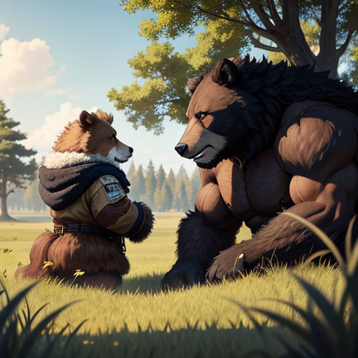 a bear and a bear cub are in a field of grass and trees, facing each other, with a sky background