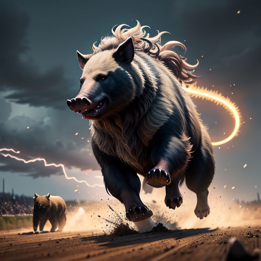 a bear is running across a dirt field with a bear chasing behind it in the distance, with a lightning bolt in the sky