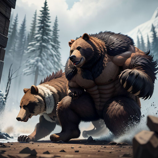 a large bear and a smaller bear are in a forest with rocks and snow on the ground and trees
