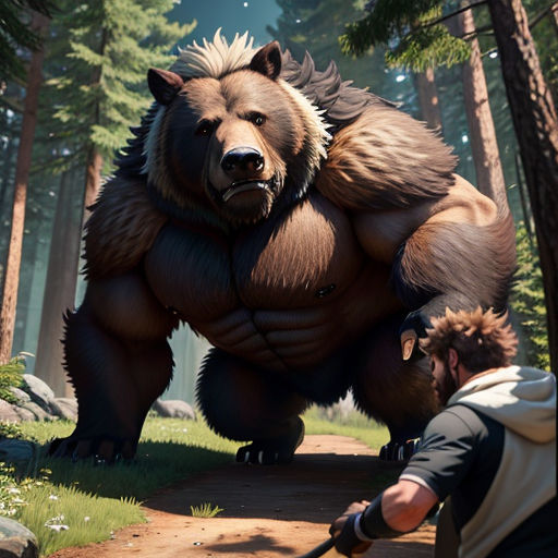 a man is trying to pull a giant bear in the forest with a chainsaw on his shoulder and a bear on his back