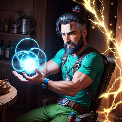a man holding a glowing orb in his hands in a room with a wooden table and a wooden shelf