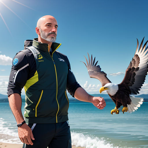 a bald man holding a bald eagle on the beach with the ocean in the background and a bright blue sky