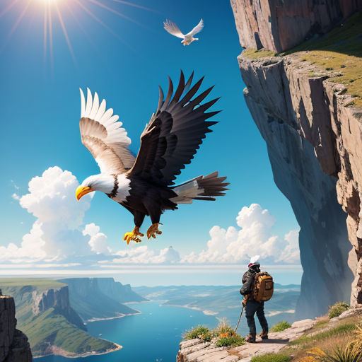 a man standing on a cliff with an eagle flying over him and a bird flying over him in the sky
