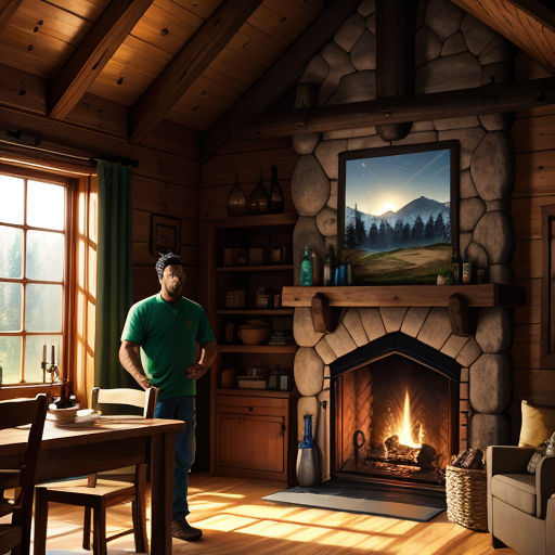 a man standing in a living room next to a fire place in a fireplace with a tv on the wall