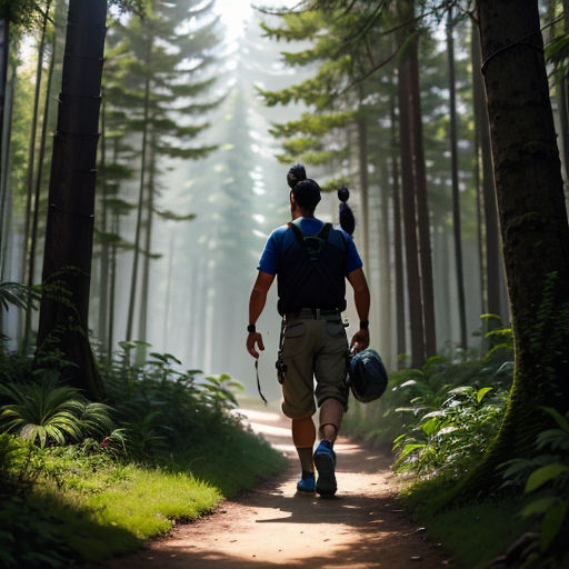 a man walking down a trail in the woods with a helmet on his head and a backpack on his back