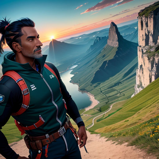 a man standing on a hill with a view of a valley and mountains in the background with a sunset