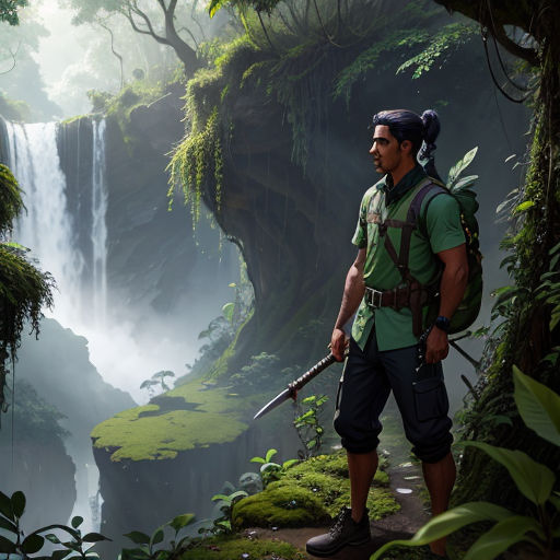 a man with a backpack and a rifle standing in front of a waterfall in the jungle with a waterfall in the background