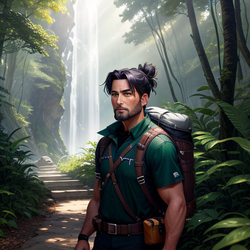 a man with a backpack standing in the middle of a forest with a waterfall in the background and a forest path leading to him