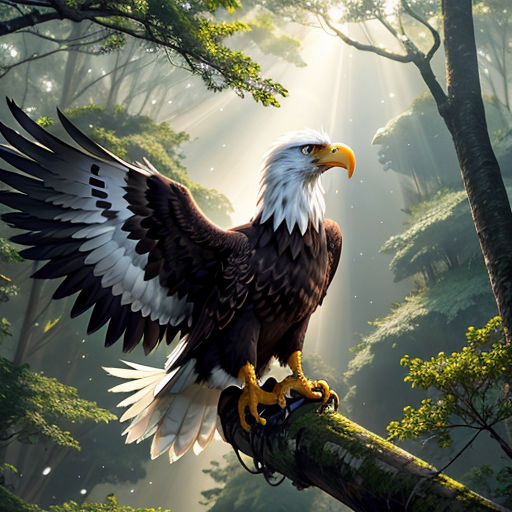 a bald eagle perched on a tree branch in a forest with sunlight streaming through the trees and the sun shining through the trees