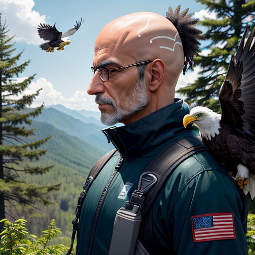 a bald man with a bald head and bald eagle on his shoulder, looking at a bald eagle in the distance