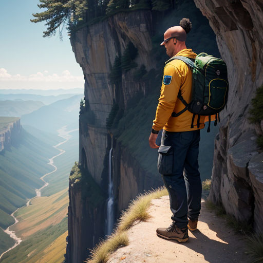 a man with a backpack standing on a cliff edge looking at the valley below him and a waterfall below